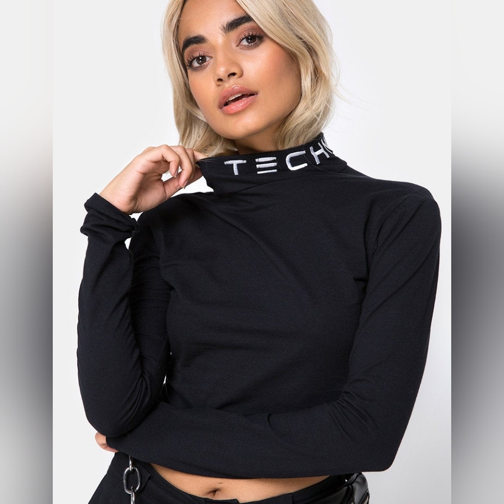Motel Rhala Tokyo Techno Black Long Sleeve Crop Top